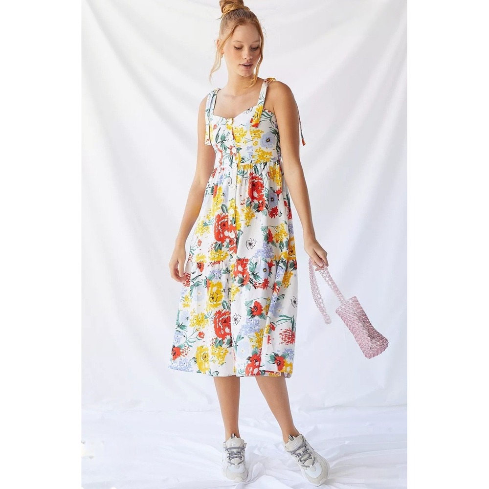 Urban Outfitters Positano Linen Blend Floral Button-Front Midi Dress Smocked S